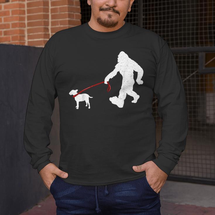 Bigfoot Walking With Bull Terrier Dog Men's Long Sleeve T-Shirt, funny design
