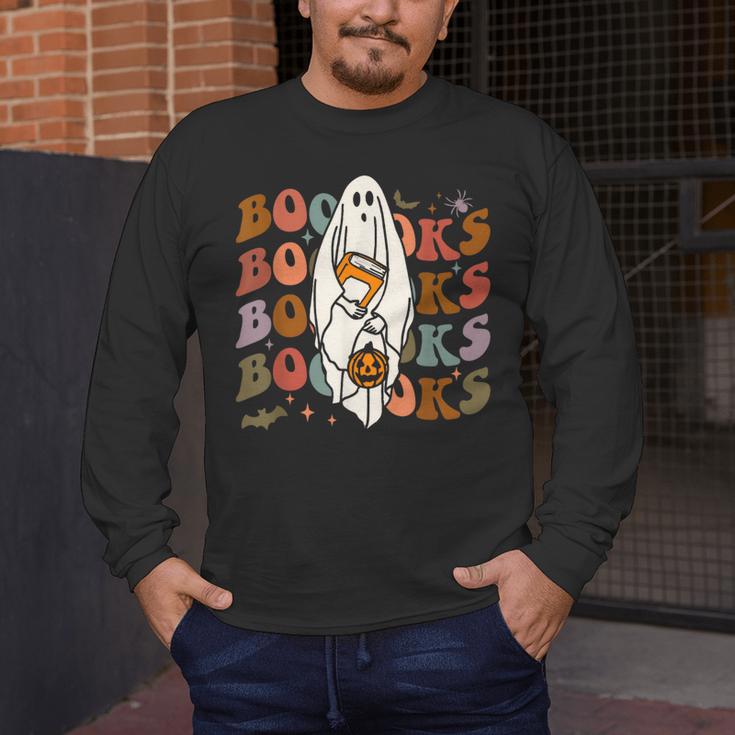 Booooks Ghost Halloween Groovy Vintage Teacher Book Reading Men's Long Sleeve T-Shirt, funny design
