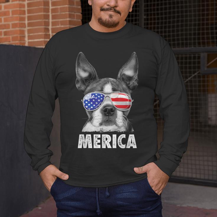 Boston Terrier 4th Of July Merica Men Women USA Flag Vintage Men's Long Sleeve T-Shirt, funny design