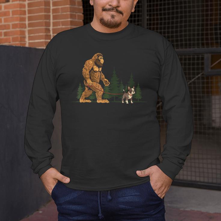 Boston Terrier Bigfoot Dog Walking Dog Mom Dad Kids Men's Long Sleeve T-Shirt, funny design