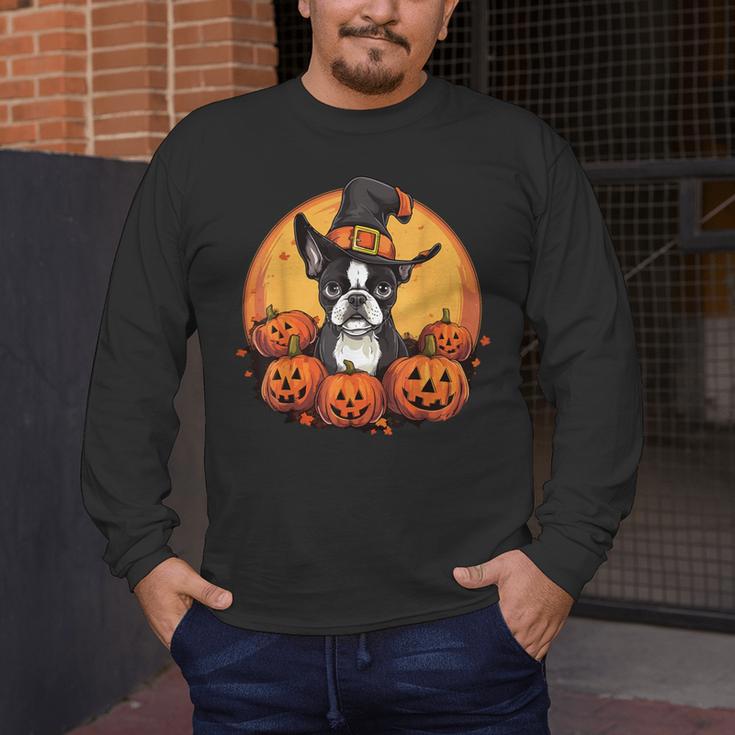 Boston Terrier Bostie Dog Breed Pet Halloween Pumpkins Men's Long Sleeve T-Shirt, funny design