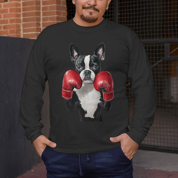 Boston Terrier Boxing Men's Long Sleeve T-Shirt, funny design