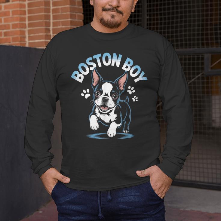 Boston Terrier Boy Cute Cartoon Dog Owner Pet Boston Terrier Men's Long Sleeve T-Shirt, funny design
