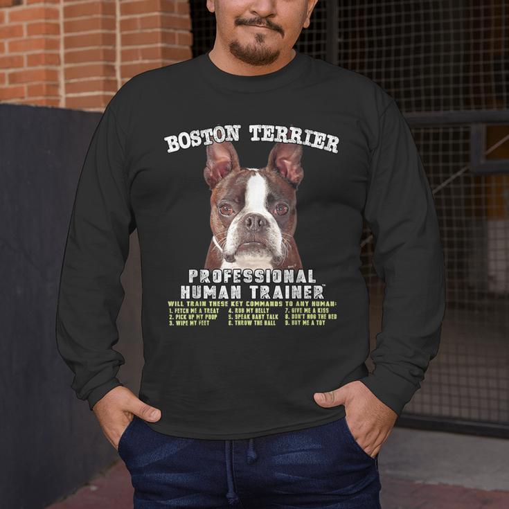Boston Terrier Brindle Dog Professional Human Trainer Men's Long Sleeve T-Shirt, funny design