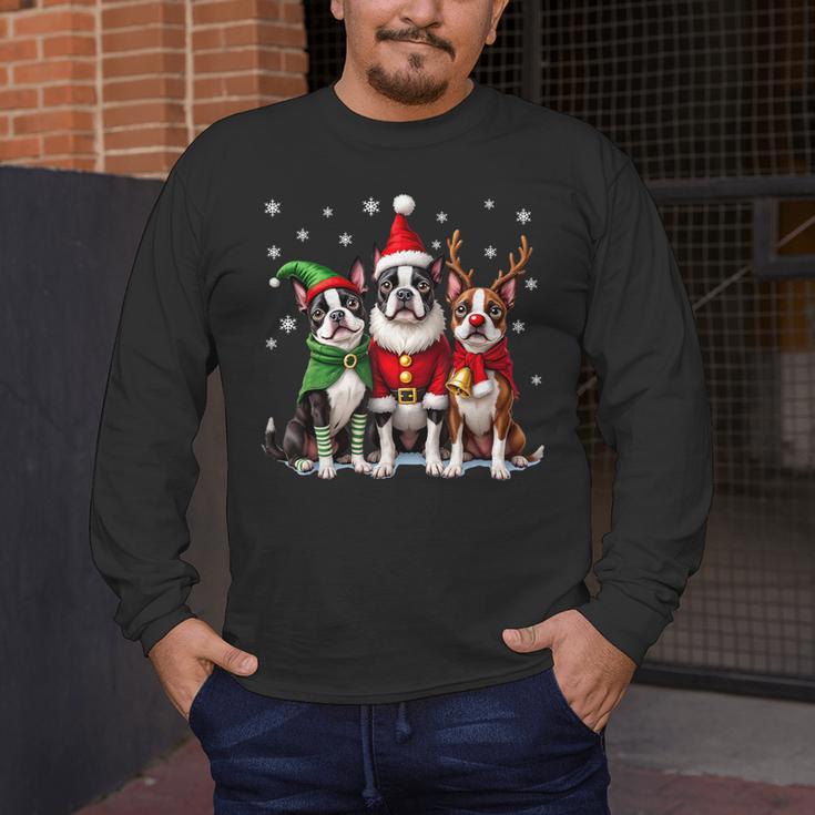 Boston Terrier Christmas Dogs Santa Reindeer Elf Men's Long Sleeve T-Shirt, funny design