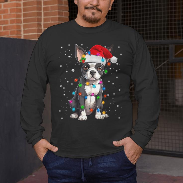 Boston Terrier Christmas Santa Hat Tree Lights Pajama Men's Long Sleeve T-Shirt, funny design