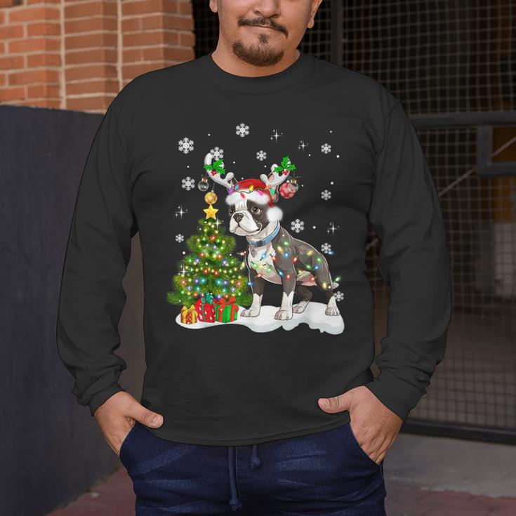 Boston Terrier Christmas Tree Lights Santa Hat Men's Long Sleeve T-Shirt, funny design