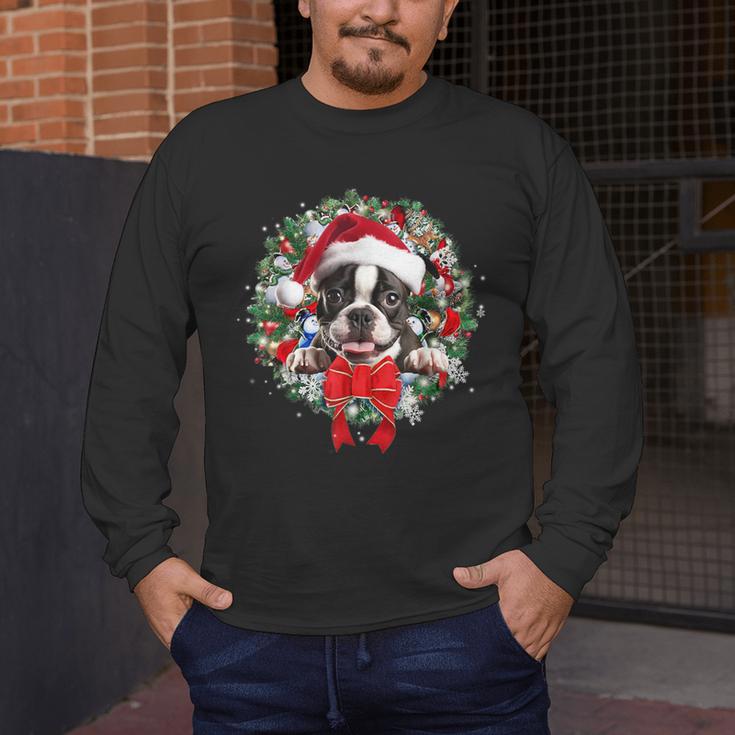 Boston Terrier Christmas Wreath Decoration Xmas Pajamas Men's Long Sleeve T-Shirt, funny design