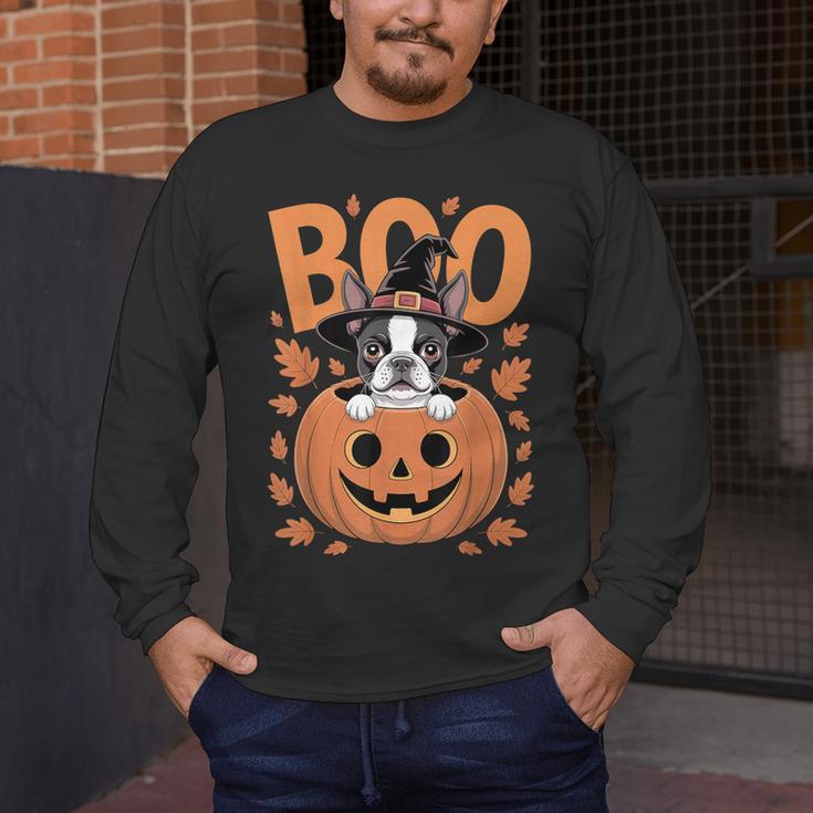 Boston Terrier Costume On Pumpkin Halloween Boston Terrier Men's Long Sleeve T-Shirt, funny design