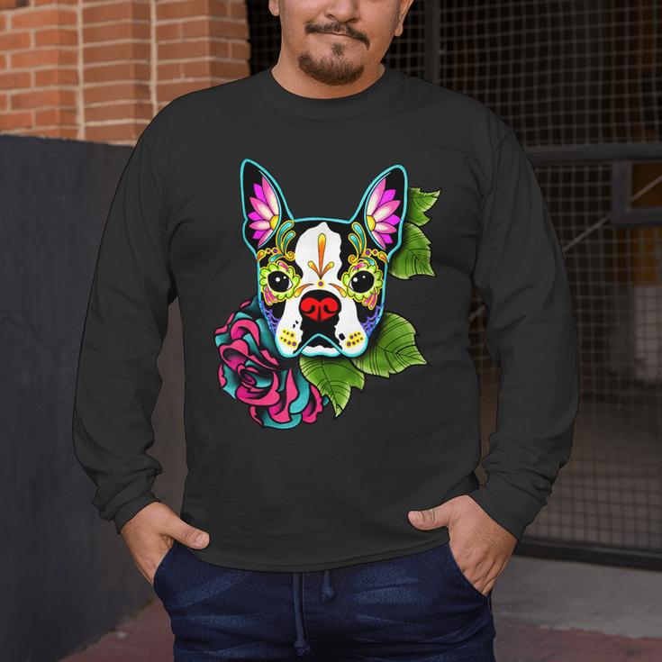 Boston Terrier In Day Of The Dead Sugar Skull Dog Men's Long Sleeve T-Shirt, funny design