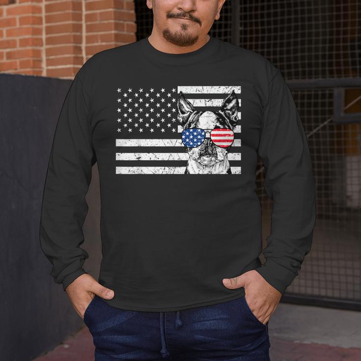 Boston Terrier Dog 4th Of July US American Flag Patriotic Men's Long Sleeve T-Shirt, funny design