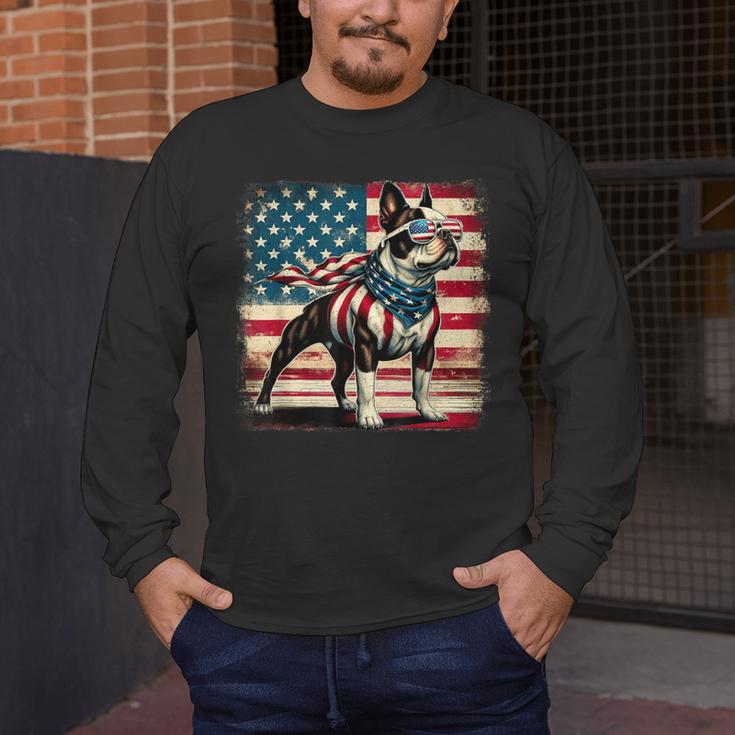 Boston Terrier Dog 4th Of July USA American Flag Patriotic Men's Long Sleeve T-Shirt, funny design
