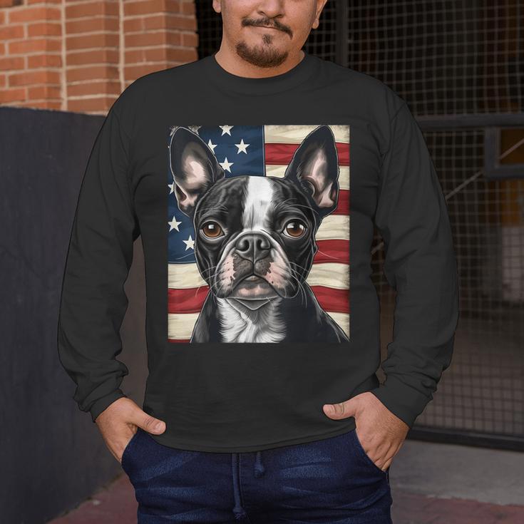 Boston Terrier Dog American Flag 4th Of July Patriotic Puppy Men's Long Sleeve T-Shirt, funny design