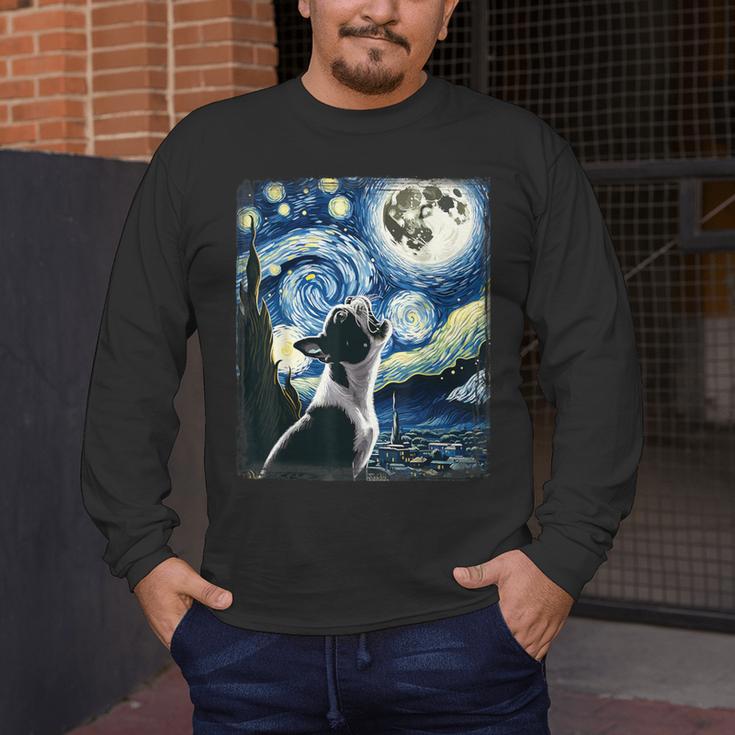 Boston Terrier Dog Art Van Gogh Starry Night Boston Terrier Men's Long Sleeve T-Shirt, funny design