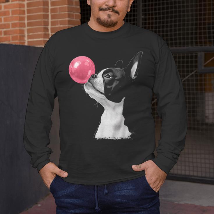 Boston Terrier Dog Blowing Chewing Bubble Gum Pink Men's Long Sleeve T-Shirt, funny design