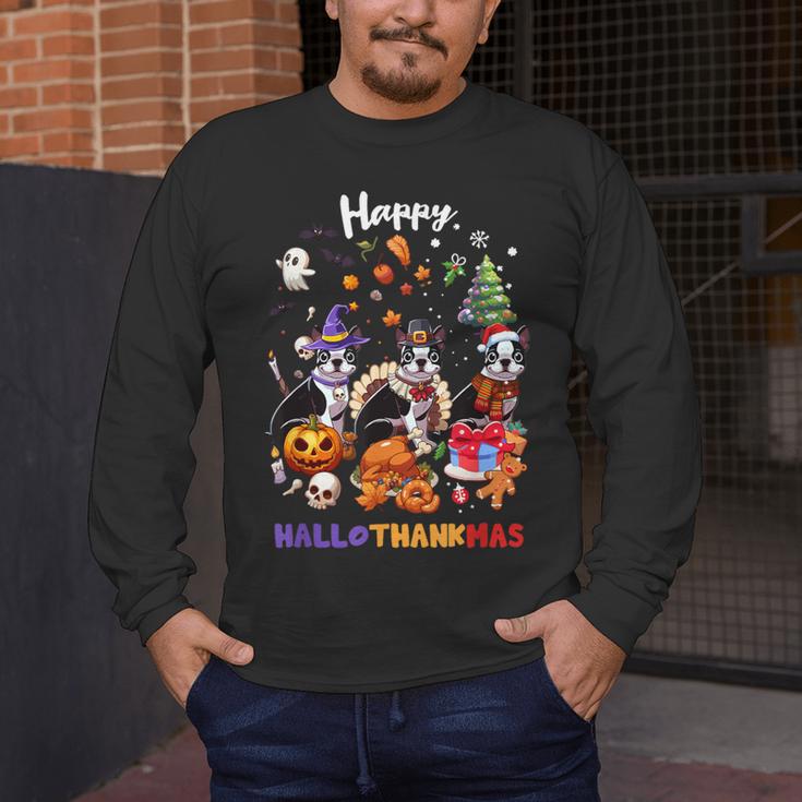 Boston Terrier Dog Christmas Happy Hallothankmas Halloween For Men Women Kids Men's Long Sleeve T-Shirt, funny design