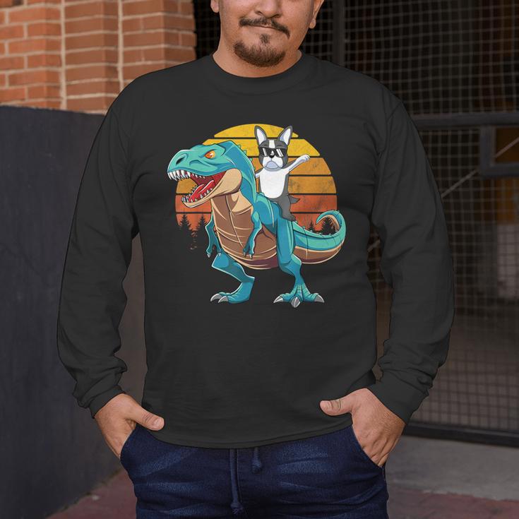 Boston Terrier Dog Riding Dinosaur T Rex Boys Men's Long Sleeve T-Shirt, funny design