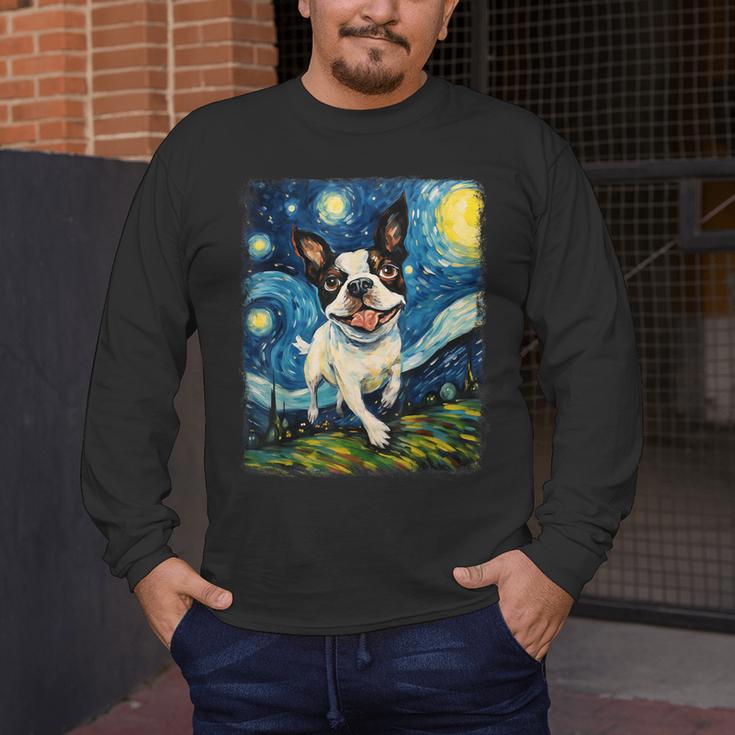 Boston Terrier Dog Starry Night Painting Men's Long Sleeve T-Shirt, funny design