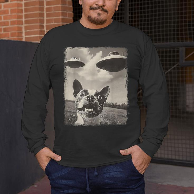 Boston Terrier Dog UFO Alien Extraterrestrial Selfie Men's Long Sleeve T-Shirt, funny design