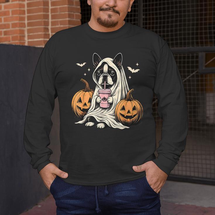 Boston Terrier Ghost Boo Halloween Costume Spooky Season Men's Long Sleeve T-Shirt, funny design