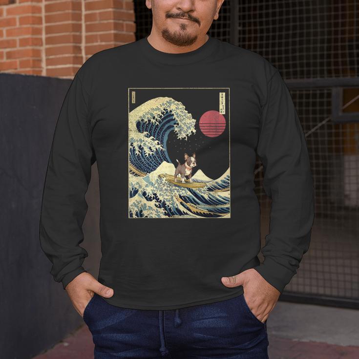 Boston Terrier Japanese Kanagawa Wave Surf Dog Men's Long Sleeve T-Shirt, funny design