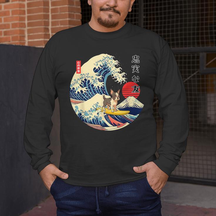 Boston Terrier Japanese Kanagawa Wave Surf Loyal Dog Men Women Kids Men's Long Sleeve T-Shirt, funny design