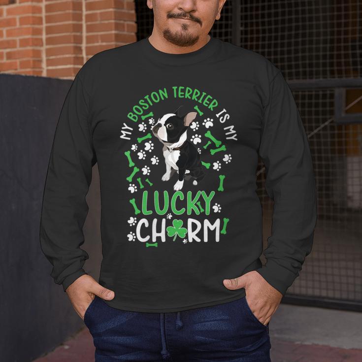My Boston Terrier Is My Lucky Charm Paw Dog St Patrick's Day Men's Long Sleeve T-Shirt, funny design