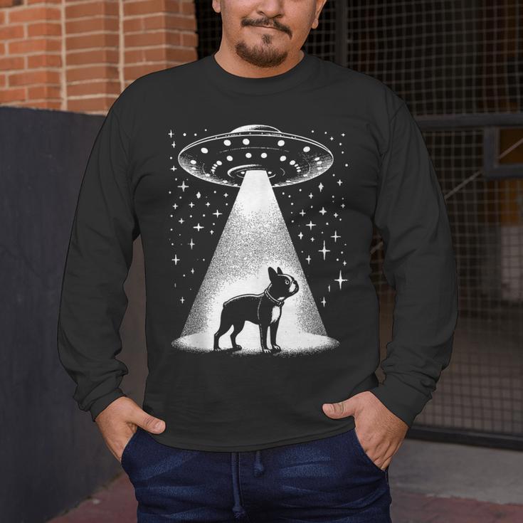 Boston Terrier Mom Dad Dog Alien UFO Men's Long Sleeve T-Shirt, funny design