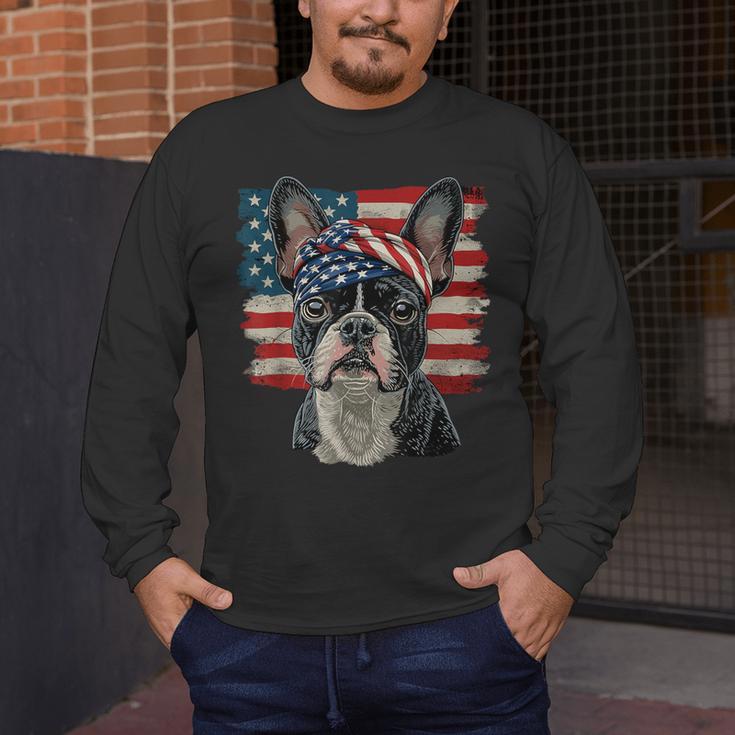 Boston Terrier Patriotic 4th Of July USA American Flag Men's Long Sleeve T-Shirt, funny design