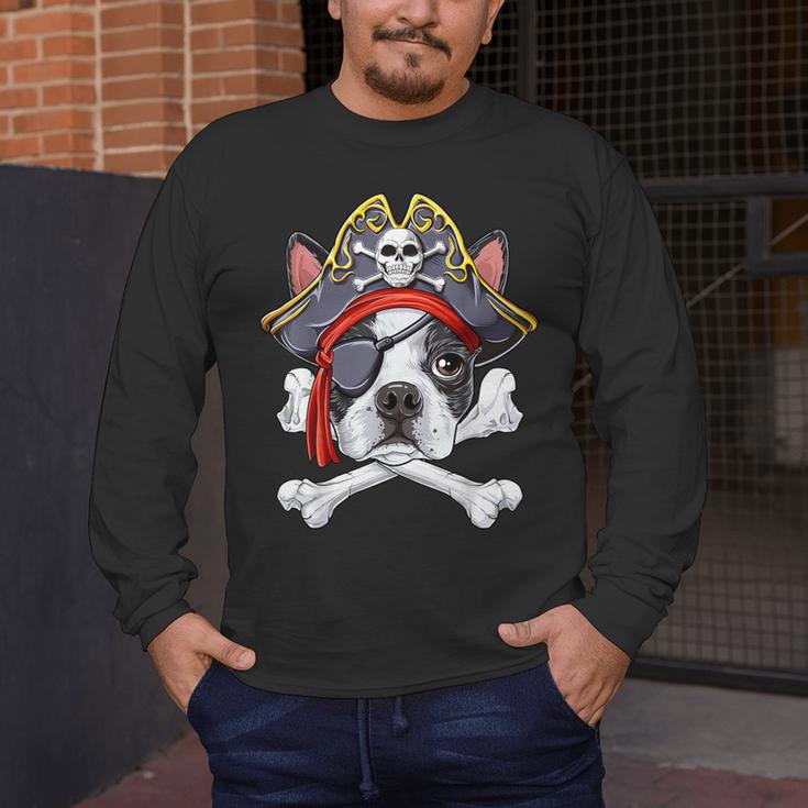 Boston Terrier Pirate T Shirt Jolly Roger Crossbones Skull Men's Long Sleeve T-Shirt, funny design