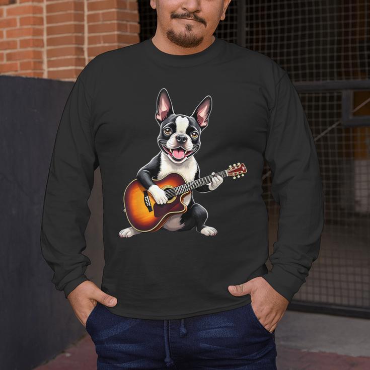 Boston Terrier Playing Guitar Boston Terrier Men's Long Sleeve T-Shirt, funny design