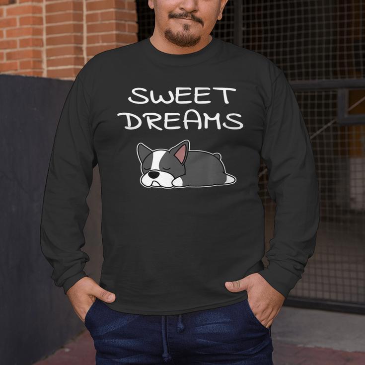 Boston Terrier Puppy Sweet Dreams Pajama For Bedtime Men's Long Sleeve T-Shirt, funny design