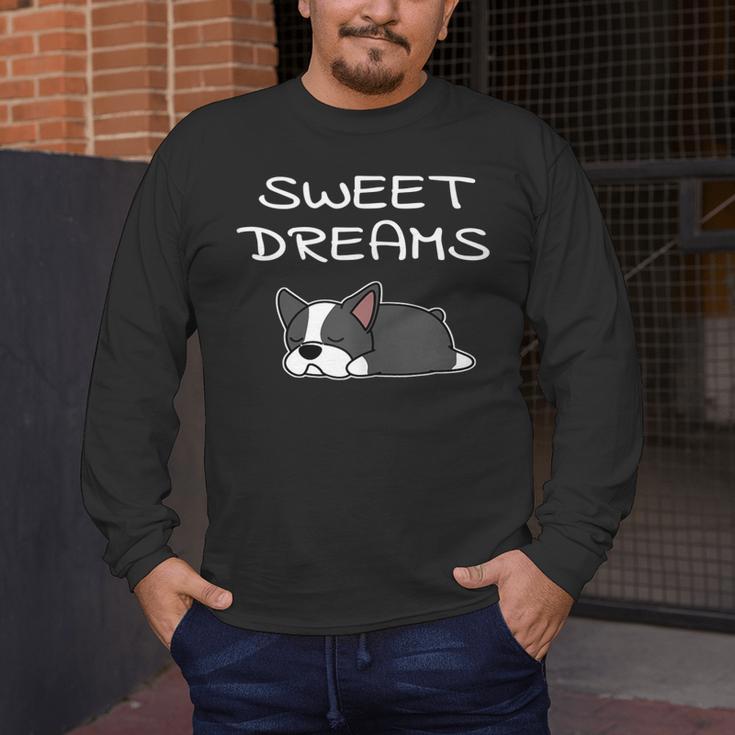 Boston Terrier Puppy Sweet Dreams Pajama For Bedtime Men's Long Sleeve T-Shirt, funny design