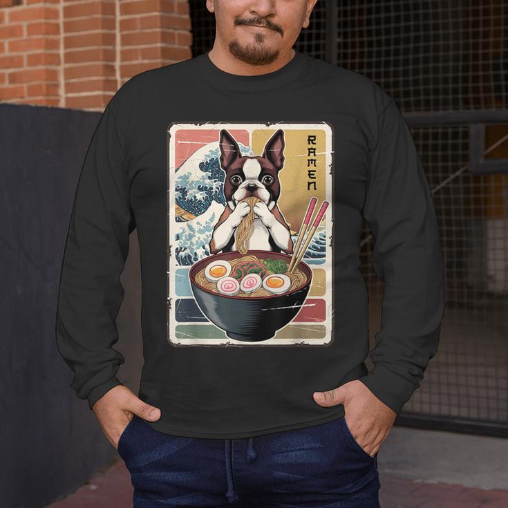 Boston Terrier Ramen Noodles Japanese Art Retro Ocean Waves Men's Long Sleeve T-Shirt, funny design