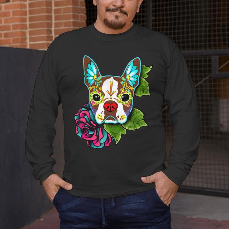 Boston Terrier In Red Day Of The Dead Sugar Skull Dog Men's Long Sleeve T-Shirt, funny design