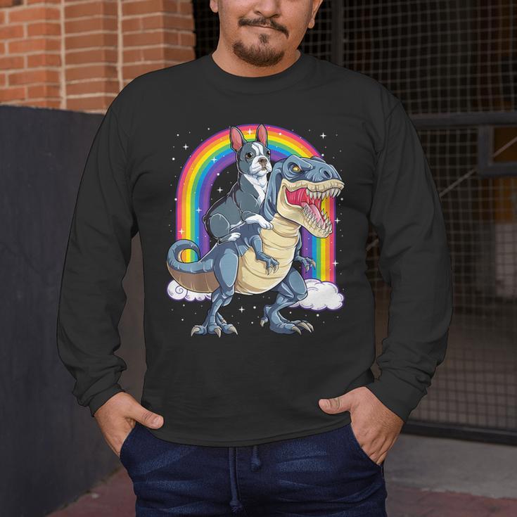 Boston Terrier Riding Dinosaur T-Rex Boys Kids Rainbow Men's Long Sleeve T-Shirt, funny design