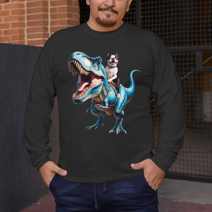 Boston Terrier Riding T-Rex Dinosaur Dog Lover Men's Long Sleeve T-Shirt, funny design