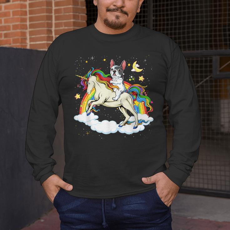 Boston Terrier Riding Unicorn Boys Girls Kids Rainbow Men's Long Sleeve T-Shirt, funny design