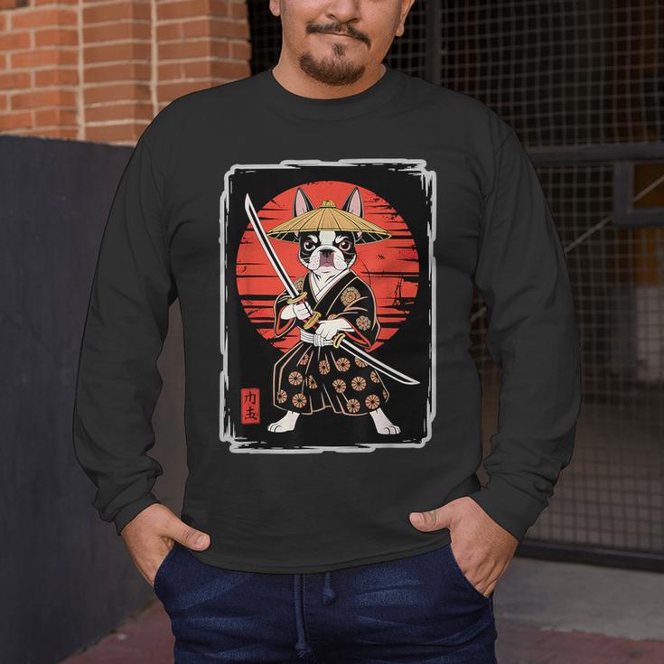 Boston Terrier Samurai Ninja Vintage Anime Japanese Ukiyo-e Men's Long Sleeve T-Shirt, funny design
