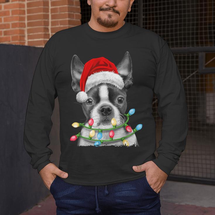 Boston Terrier Santa Christmas Tree Lights Xmas Boys Men Dog Men's Long Sleeve T-Shirt, funny design