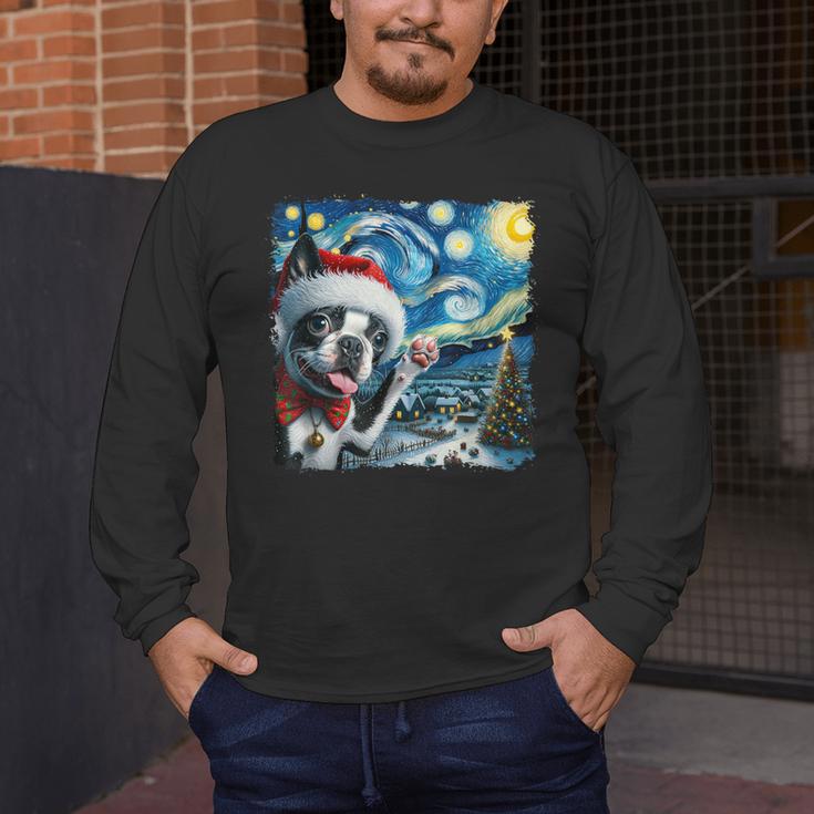 Boston Terrier Santa Starry Night Van Gogh Christmas Dog Men Women Kids Men's Long Sleeve T-Shirt, funny design