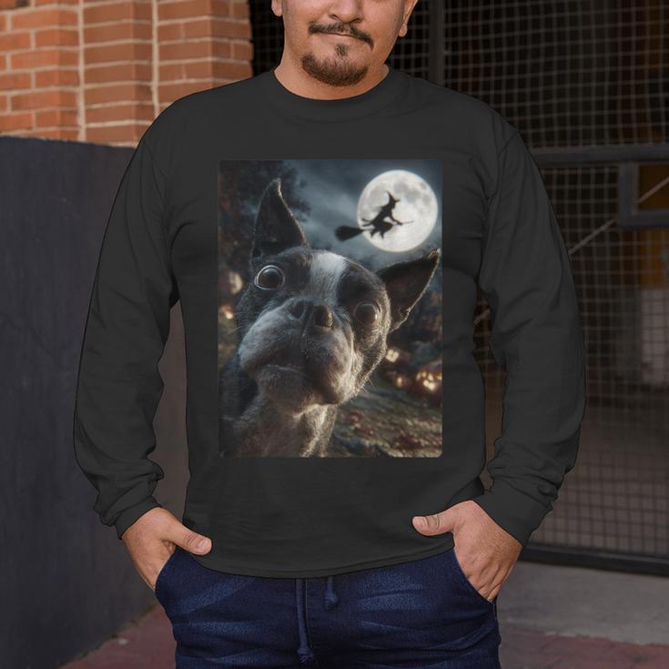 Boston Terrier Selfie Full Moon Flying Witch Halloween Dog Men's Long Sleeve T-Shirt, funny design