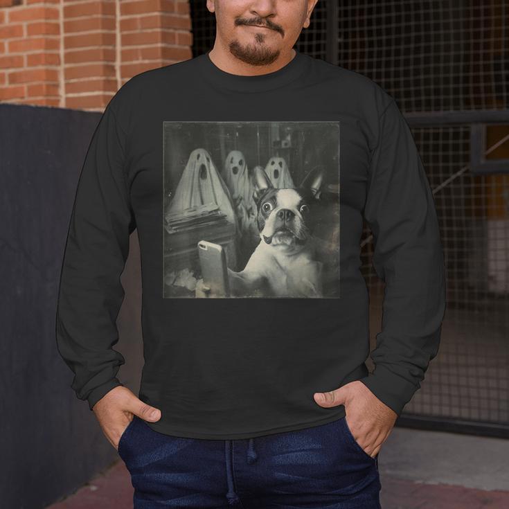 Boston Terrier Selfie With Ghosts Halloween Dog Lover Men's Long Sleeve T-Shirt, funny design
