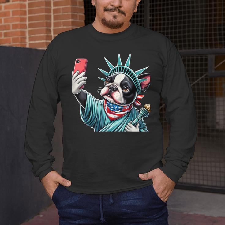 Boston Terrier Selfie Statue Of Liberty 4th Of July American Men's Long Sleeve T-Shirt, funny design