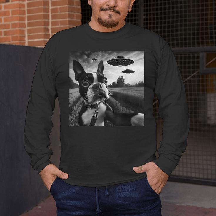Boston Terrier Graphic Selfie With UFOs Weird Aliens Men's Long Sleeve T-Shirt, funny design