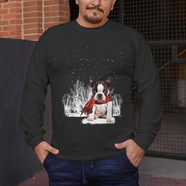 Boston Terrier In The Snow Merry Christmas Winter Men's Long Sleeve T-Shirt, funny design