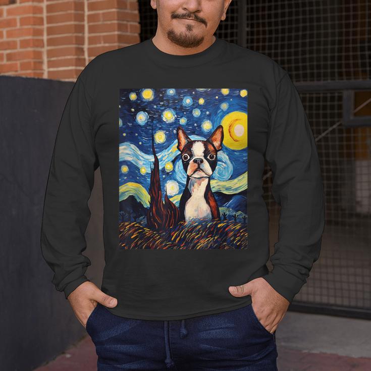 Boston Terrier Starry Night Van Gogh Art Men's Long Sleeve T-Shirt, funny design