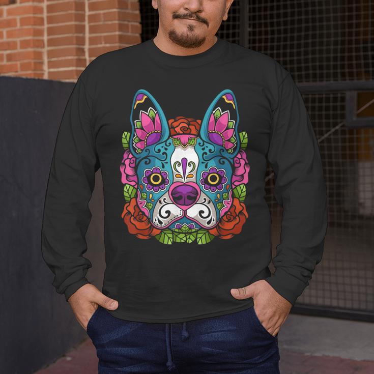 Boston Terrier Sugar Skull Dog Day Of The Dead Men's Long Sleeve T-Shirt, funny design