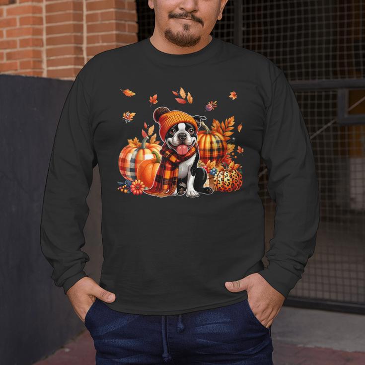 Boston Terrier Thanksgiving Leopard Pumpkins Fall Leaves Men's Long Sleeve T-Shirt, funny design