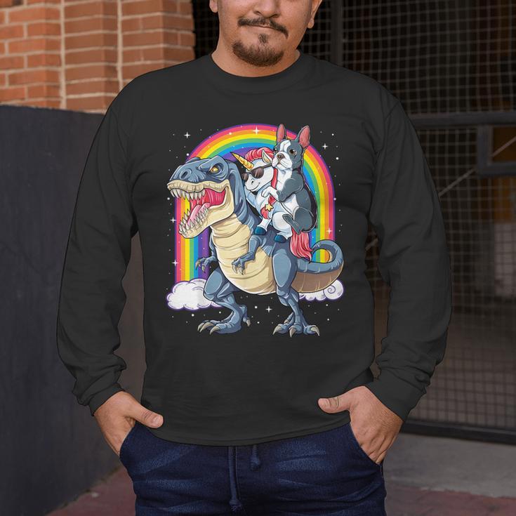 Boston Terrier Unicorn Riding Dinosaur T-Rex Girls Rainbow Men's Long Sleeve T-Shirt, funny design